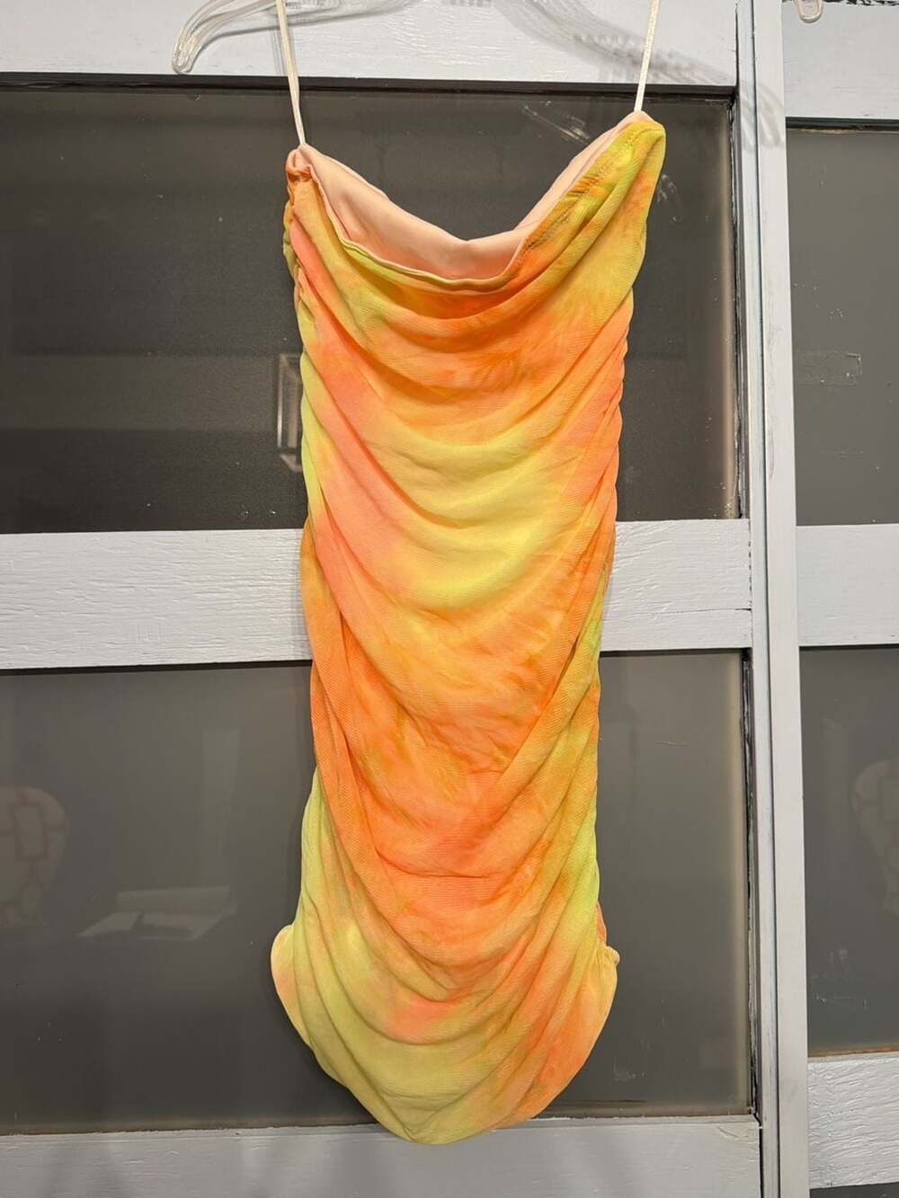 #32SHEIN Tie Dye Mesh Ruched Strapless Tube Dress